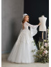 Bell Sleeves Beaded Ivory Eyelash Lace Tulle Flower Girl Dress